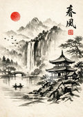 Tableau Paysage Peinture à l'Encre Japonaise Fleurs de Cerisier de Printemps Impression sur Toile Affiche Murale Style Asiatique pour Salon Décoration Maison Cadeau