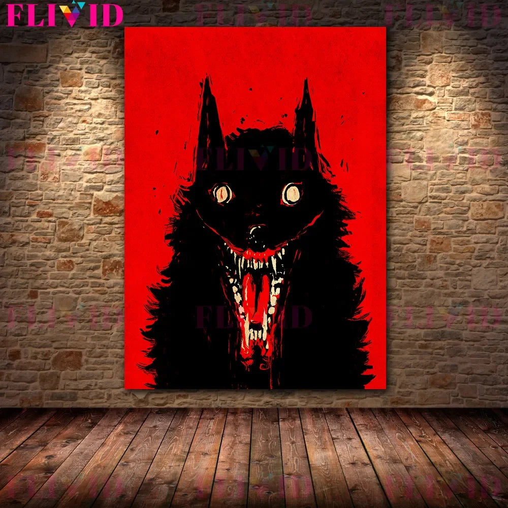 El lobo devora el cordero y el cuervo sangriento de la luna llena arte de pared vintage, animales de terror, póster e impresión de arte de minimalismo