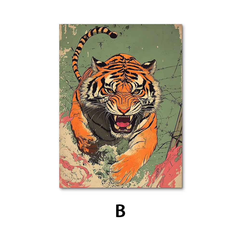 Lienzo vintage Ukiyo-e de tigre – Póster japonés de pared para sala de estar, dormitorio, decoración nórdica del hogar