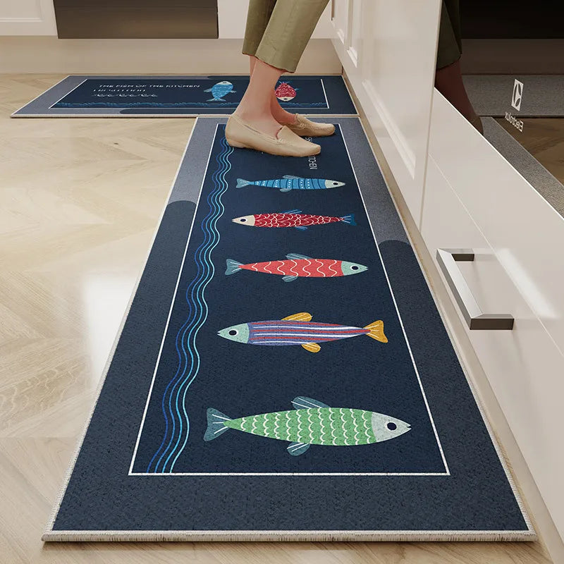 VIKAMA Alfombra de cocina de terciopelo de cristal de 1/2 pieza con diseño de dibujos animados, fácil de manejar, larga, resistente a la suciedad y antideslizante
