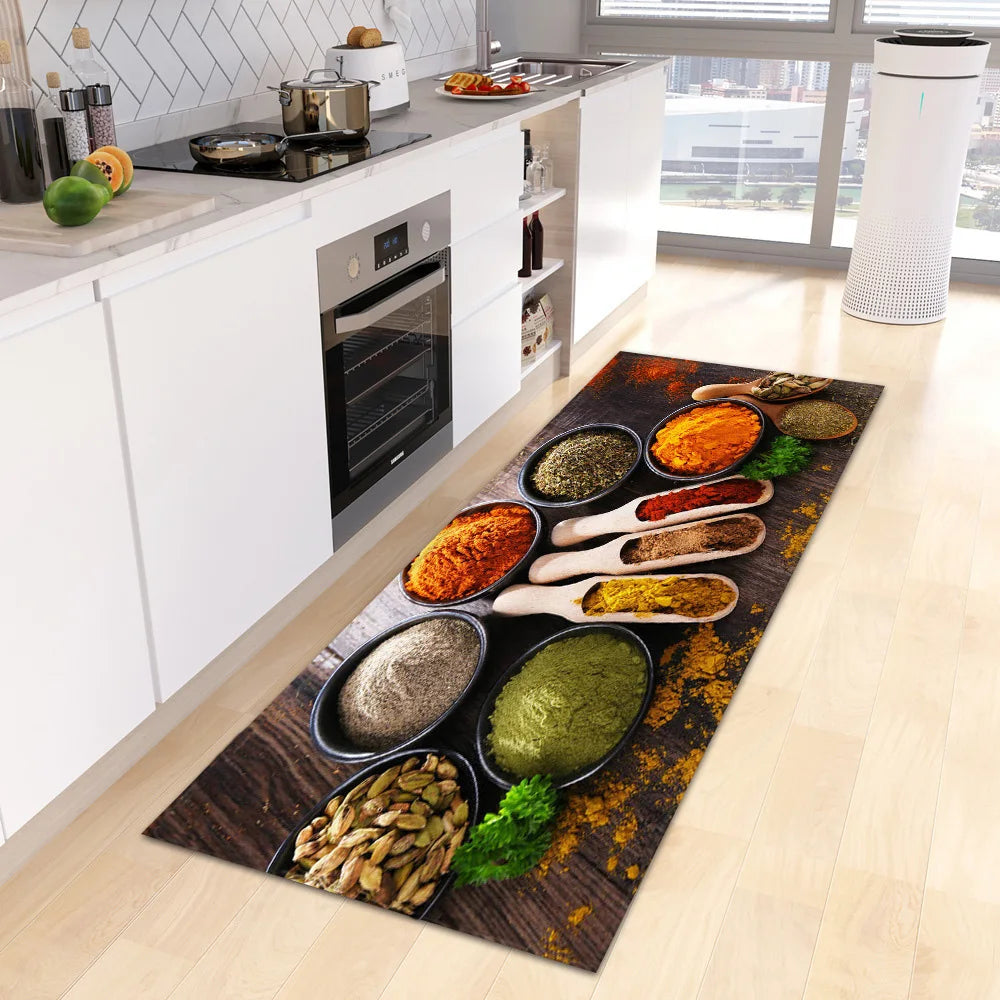 VIKAMA Alfombra escandinava impermeable, antibacteriana, resistente a las manchas, estampada con especias, lavable a máquina, moderna, para cocina, decoración del hogar