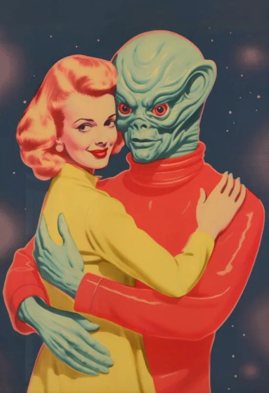 Póster Artístico de Viajes Espaciales, Cómic Vintage, Póster Alienígena Divertido, Alienígena con Decoración Humana para Pared, Humor de Bar, Decoración Retro, Lienzo Impreso de los 90