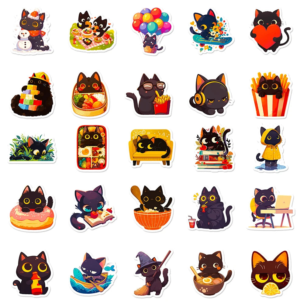 10/30/50pcs Mignon Chat Noir Graffiti Autocollants Esthétiques Décalcomanies Réfrigérateur Ordinateur Portable Téléphone Drôle Papeterie Autocollant Jouets pour Enfants