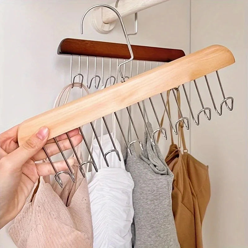 Organisateur de cintres en bois avec plusieurs crochets pour sous-vêtements, soutiens-gorge, gilets, support de rangement durable et peu encombrant pour vêtements.