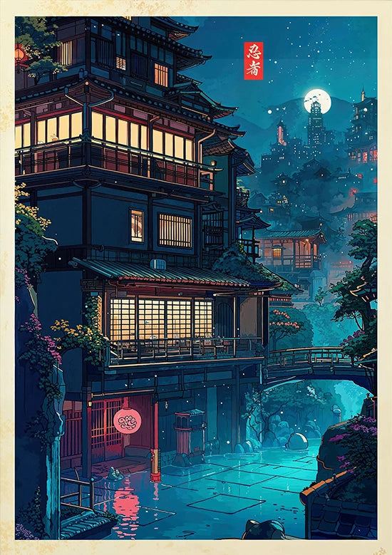 Tokio Paisaje Anime Ilustración Lámina Póster Escena Nocturna Japonesa Fuji Estilo Pintura Vintage Arte Decorativo Lienzo Arte de Pared Retro