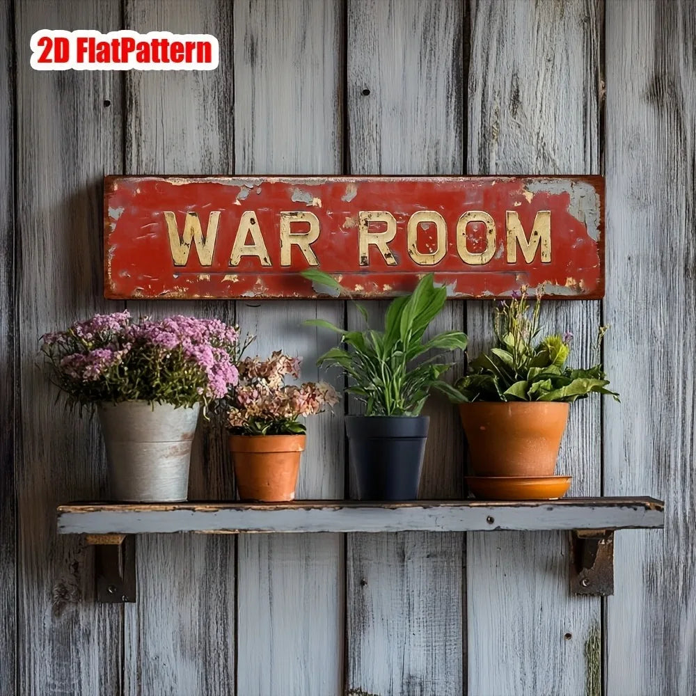 Letrero retro de metal para sala de guerra - Decoración novedosa plana 2D de 4x16", arte de pared para bar, garaje o granja