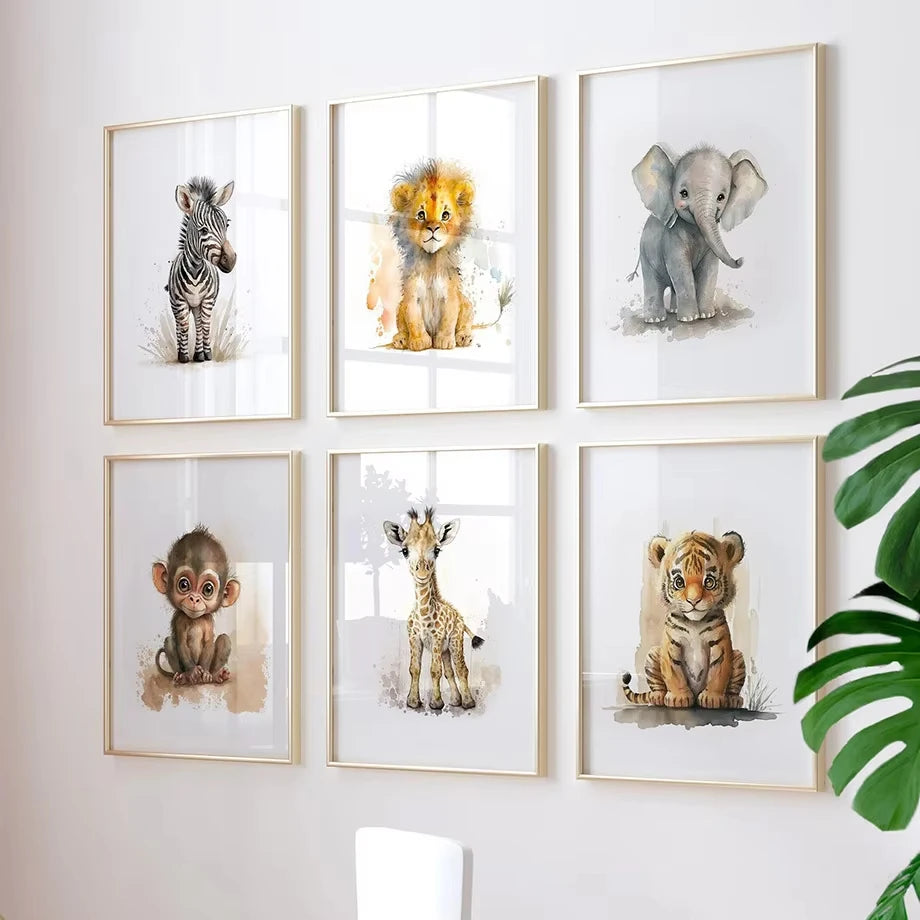 Pintura en lienzo de elefante, león, jirafa, tigre, cebra, arte de pared, carteles y grabados de animales, imágenes de pared, decoración de habitación de bebés y niños