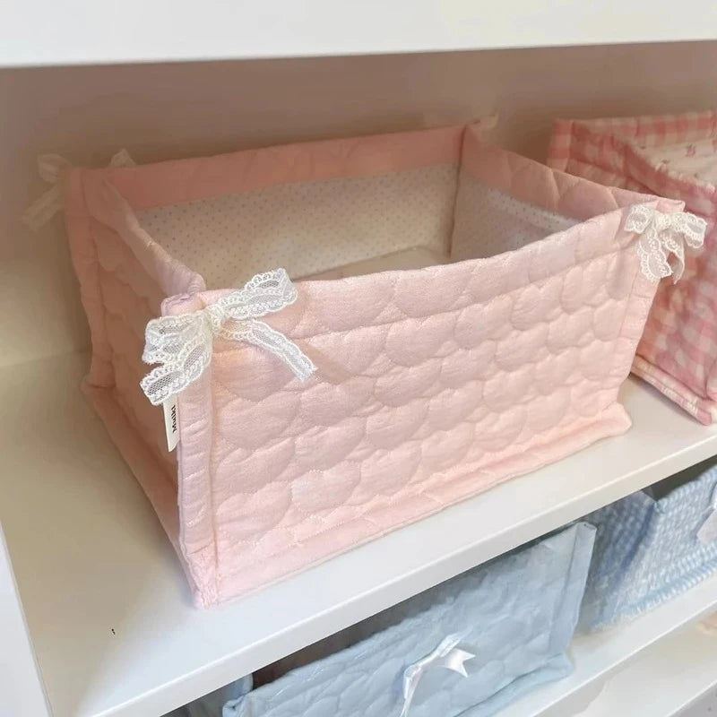 Cesta de almacenamiento cuadrada con encaje y flores, organizador de escritorio, cesta de almacenamiento acolchada coreana, bonita cesta de almacenamiento, decoración del hogar
