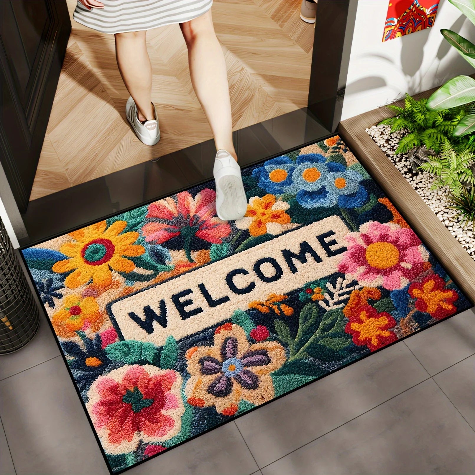 VIKAMA Hermoso Felpudo con Diseño Floral Antideslizante Alfombrilla Absorbente para Baño Alfombra para Dormitorio Sala de Estar Alfombra de Bienvenida