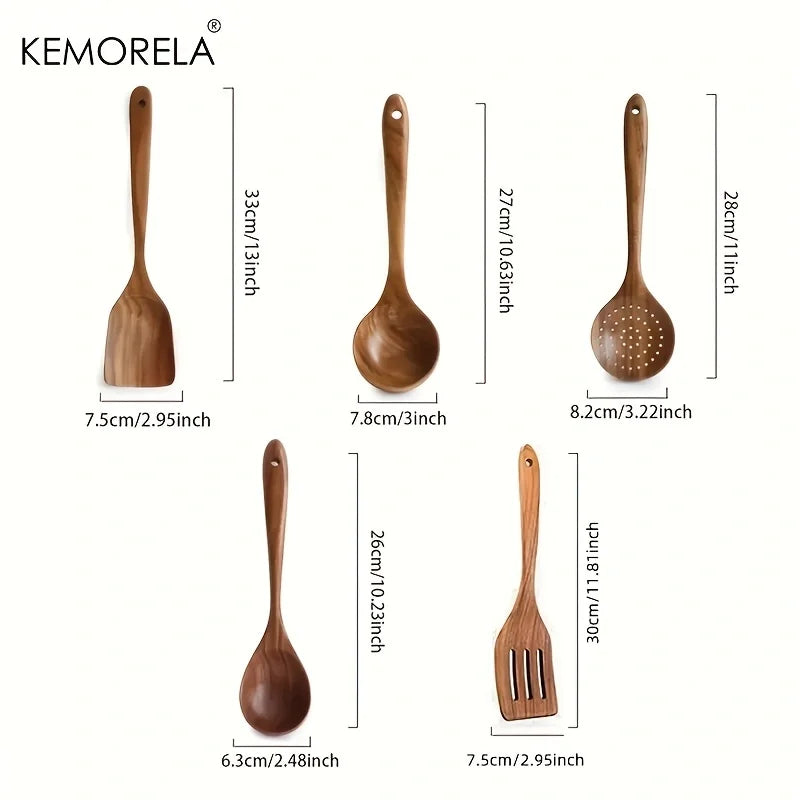 5PCS Cuchara de Cocina de Teca de Tailandia Herramienta de Vajilla de Madera Natural Cucharón Espátula Colador de Arroz Espumadera de Sopa Utensilios