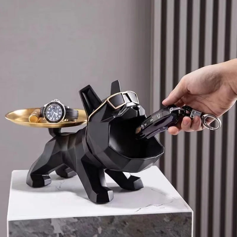 Artesanía de Bulldog de Resina Fresca, Mayordomo de Perro Matón con Bandeja para Llavero, Almacenamiento de Joyas, Estatua Decorativa para el Hogar, Escultura de Animales