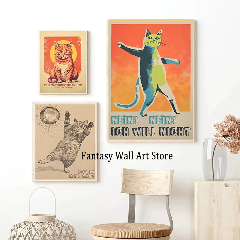 Póster divertido vintage de gatos y perros, arte de pared retro de moda, lienzo impreso, póster divertido de gatos retro, decoración de pared funky