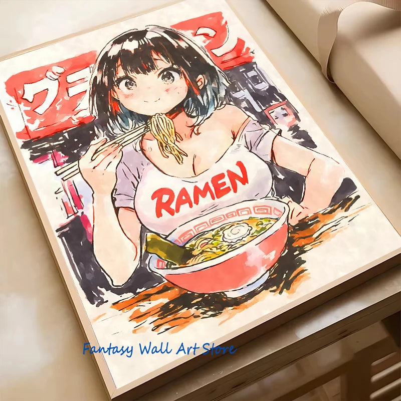 Póster de chica anime con orejas de gato comiendo ramen, estética, arte de anime de ramen, impresiones de estilo japonés, decoración de dibujos animados, pintura en lienzo de chica sexy
