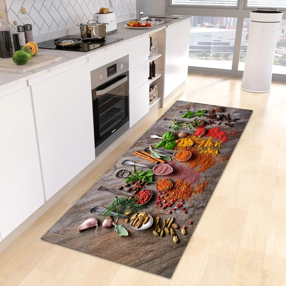 VIKAMA Alfombra escandinava impermeable, antibacteriana, resistente a las manchas, estampada con especias, lavable a máquina, moderna, para cocina, decoración del hogar
