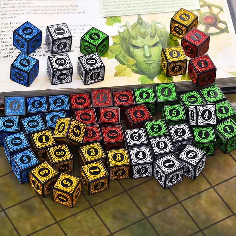 Juego de dados acrílicos de 10 piezas/juego, dados D6 con patrón tallado, dados de poliedro de 6 caras para juegos de rol, Dungeons and Dragons, juego de mesa