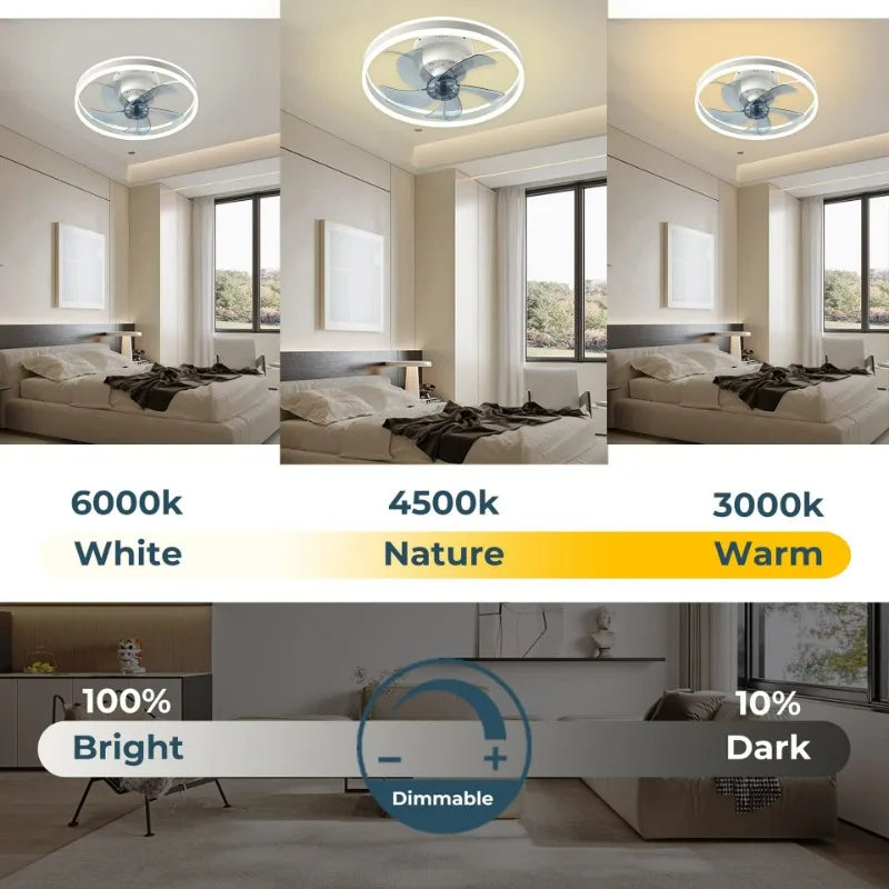 Ventilador de techo con luz LED y control remoto, 3 colores regulables, iluminación silenciosa para salón, comedor, dormitorio