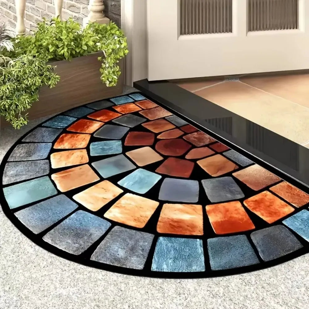 Felpudo de entrada semicircular estilo vintage americano VIKAMA, patrón de mosaico de azulejos de piedra de colores, alfombra antideslizante y absorbente, decoración del hogar