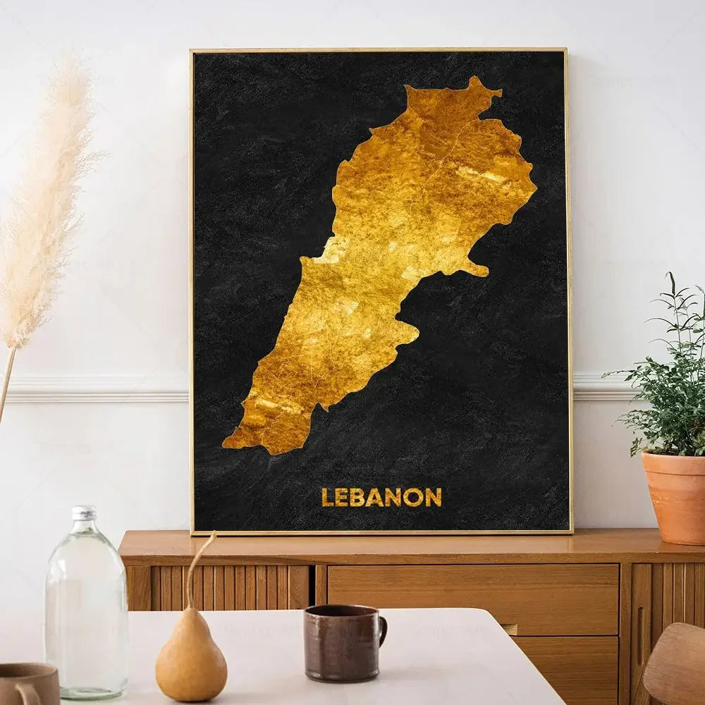 Classic Abstract Wall Art Black Gold Lebanon Country Map HD Canvas Print Poster Home Living Room Bedroom Decoration