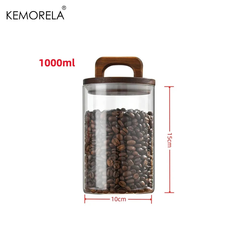 Bote de cristal con tapa de madera, recipiente hermético para alimentos, café, té, granos, tarro de almacenamiento de cocina, tarro sellado para café molido y caramelos