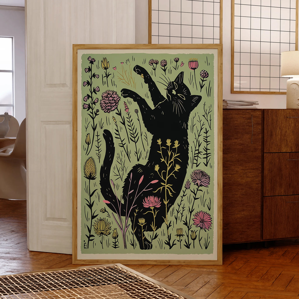 Affiche d'art mural moderne chat noir mignon avec fleurs illustration sur toile peinture image pour la décoration de la maison de salon