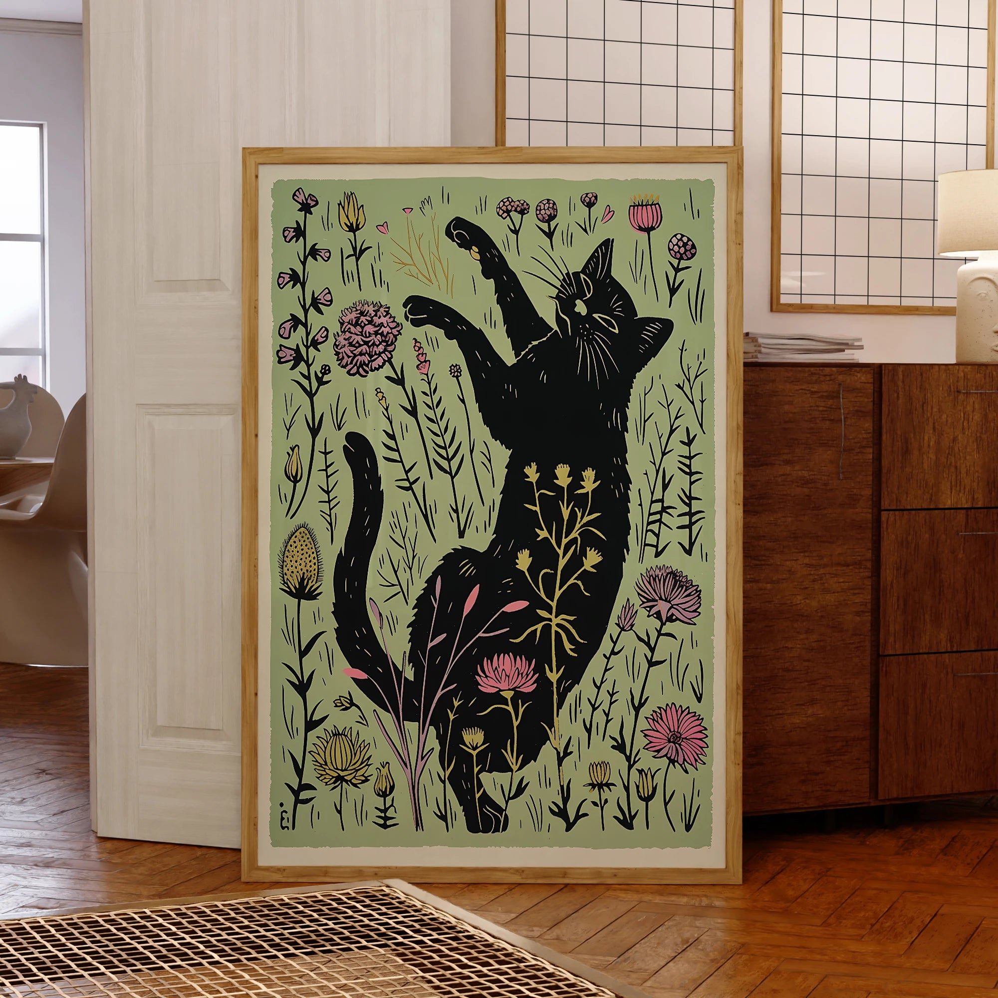 Affiche d'art mural moderne chat noir mignon avec fleurs illustration sur toile peinture image pour la décoration de la maison de salon
