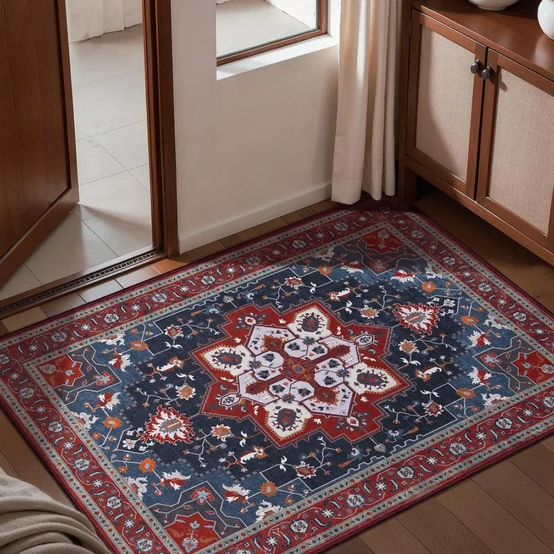Felpudo de estilo persa vintage, alfombra suave antideslizante para interior o exterior, felpudo de entrada con diseño floral y geométrico