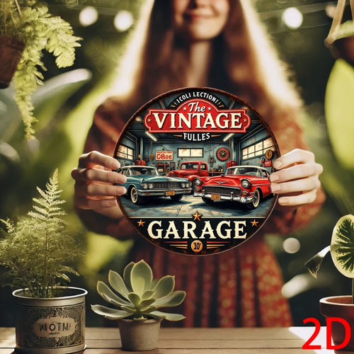 Placa de pared redonda de aluminio vintage plana 2D - Letrero de metal retro para garaje con diseño de coches y herramientas clásicos, decoración americana para bares