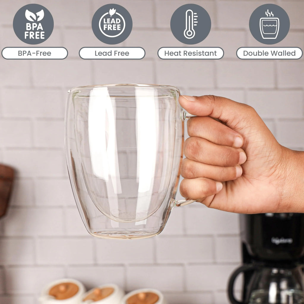 2/4/6 Tazas de café de cristal de doble pared de 350 ml con asa, taza de capuchino de cristal transparente para café, leche, té, zumo