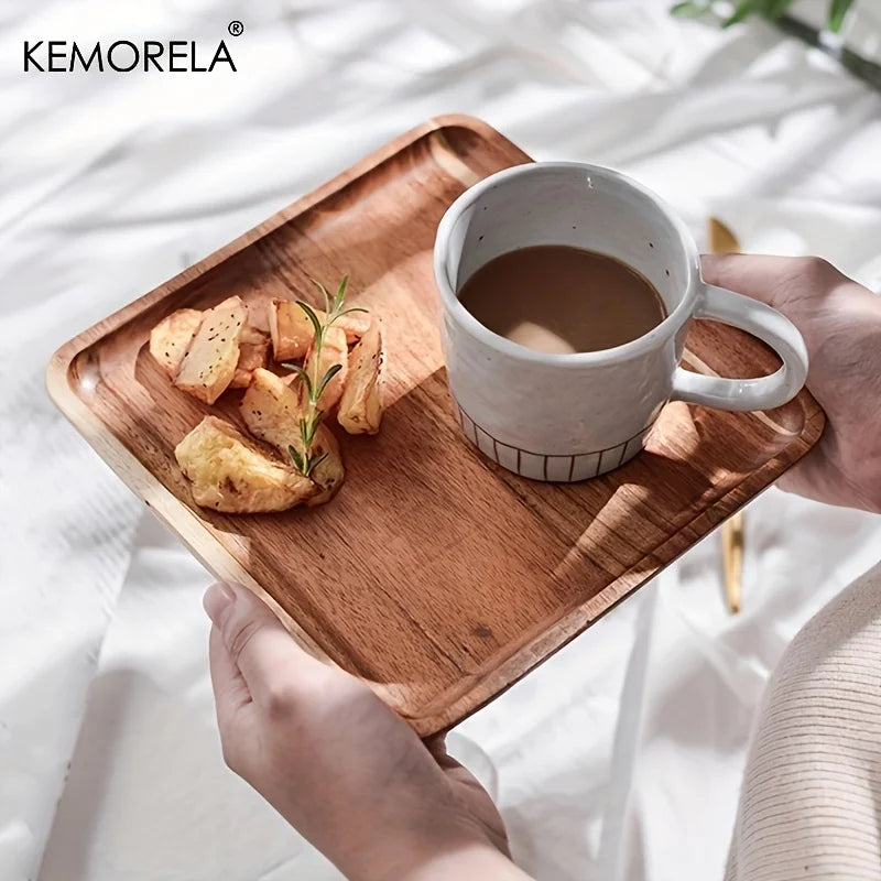 KEMORELA 1PCS Plateau à café en bois d'acacia Plateau alimentaire pour tasses Plateaux décoratifs en bois Plateau à dessert en bambou Plateau à thé Gongfu