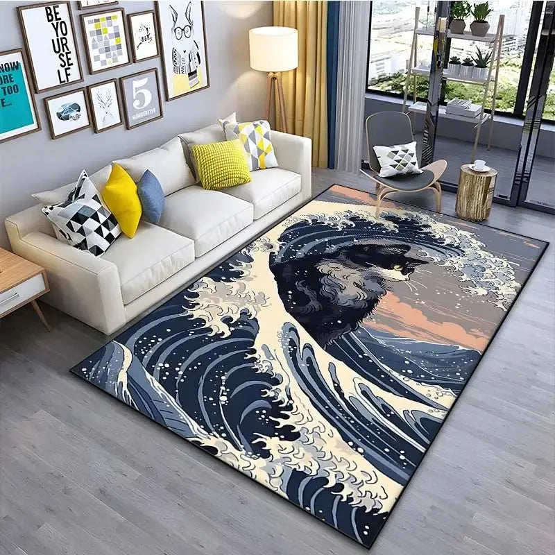 VIKAMA Alfombra de estilo japonés Ukiyo-e para vestíbulo, alfombrilla para balcón, cocina, sala de estar, dormitorio con motivo de la Gran Ola de Kanagawa