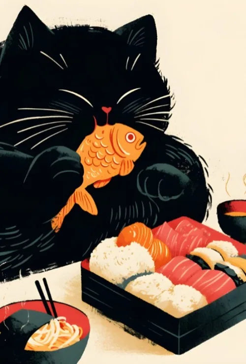 Póster Vintage Japonés Gato Comiendo Ramen Sushi Maneki Neko Arte de Pared de Cocina Gato Japonés Neko Decoración de Pared Lienzo Pintura Restaurante