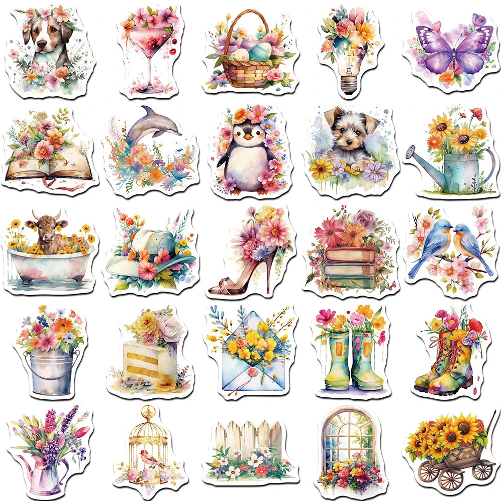 10/30/50pcs Retro Flowers World pegatinas de dibujos animados lindo estética Graffiti calcomanías ordenador portátil teléfono decoración pegatina juguete para niños