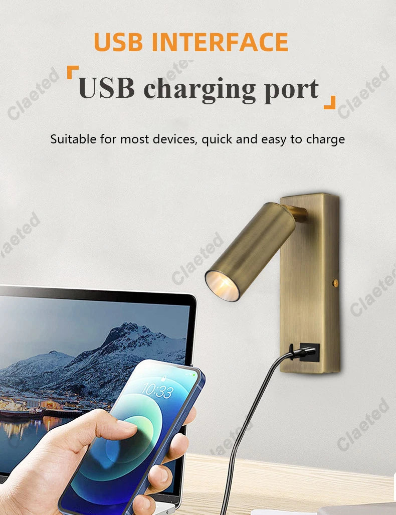 Nouvelle Applique Murale LED avec Interrupteur, en Laiton Noir, Lampe de Lecture Murale Créative avec Port USB et Spot de 3W pour Chambre à Coucher, Chevet