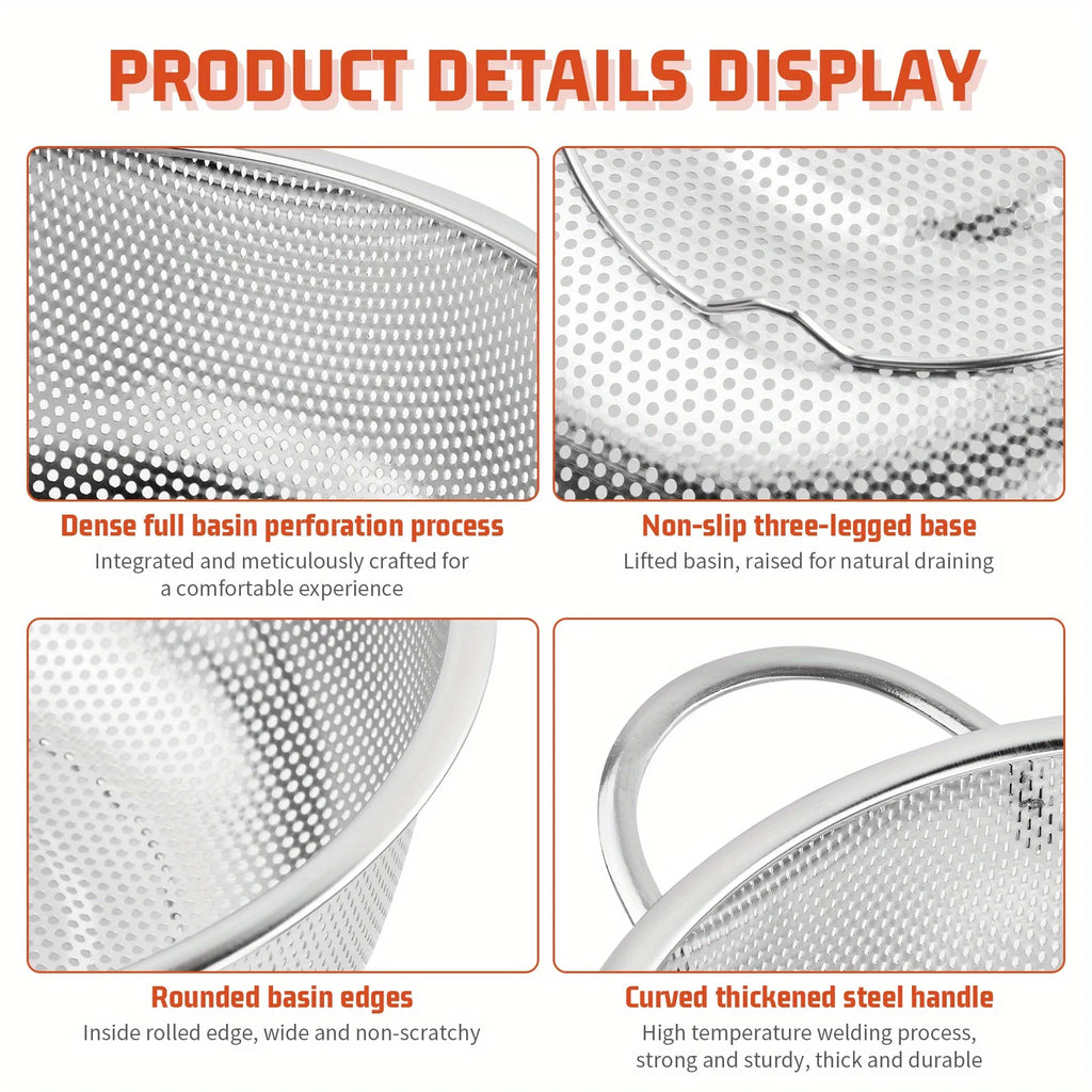 All Purpose Stainless Steel Fine Mesh Strainer Net Baskets with Handles Resting Base Colander Set Kitchen Supplies