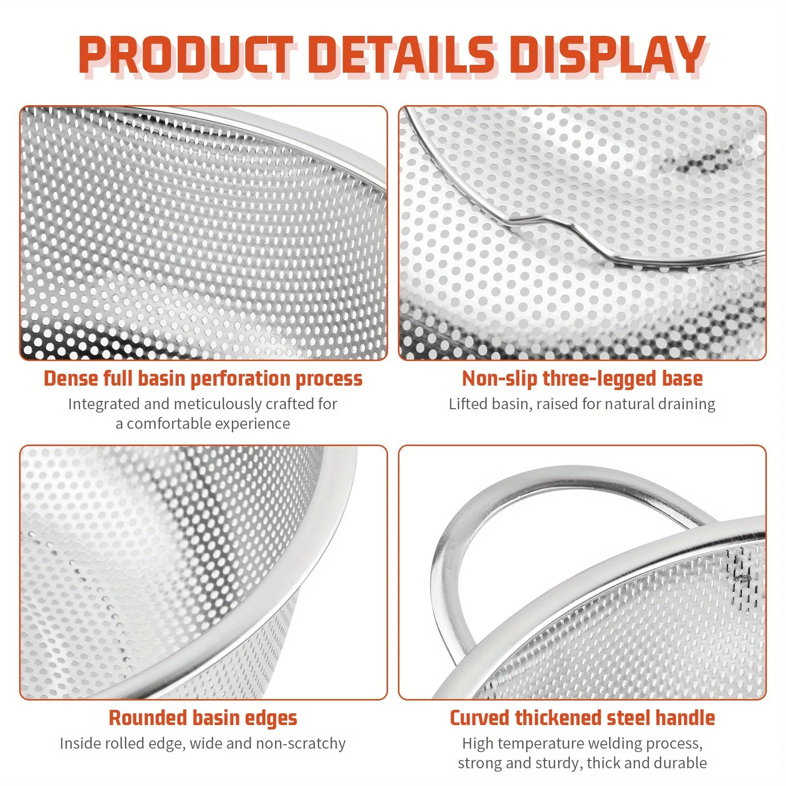 All Purpose Stainless Steel Fine Mesh Strainer Net Baskets with Handles Resting Base Colander Set Kitchen Supplies