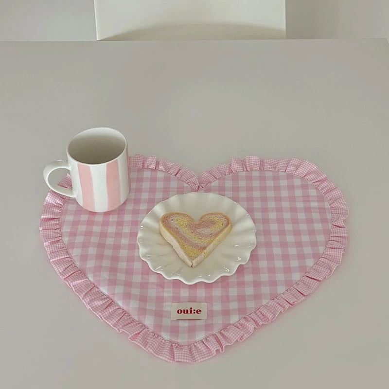 Manteles individuales para mesa de comedor coreanos a cuadros, mantel individual en forma de corazón, posavasos para vasos de agua, tapete plisado de encaje, posavasos de tela, mantel individual para comedor