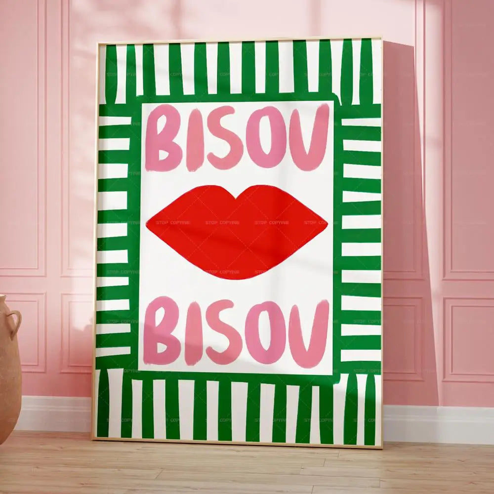 Maximalista Ecléctico Rosa Citas Francesas Bisou Bisou Bonjour Bonne Nuit Lienzo de Pared Pintura Pósters Decoración Hogar Salón