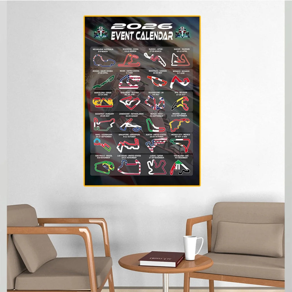 Cadeaux et Tentations 2026 Affiche du calendrier des événements de Formule Racing avec les tracés des pistes et les drapeaux nationaux, Impression d'art mural