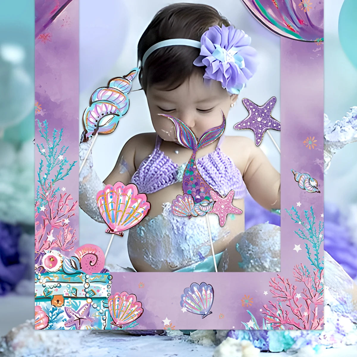 Marco de fotos de sirena Fondo de cola de sirenita Decoración de fiesta de cumpleaños para niñas Suministros de telón de fondo para fiesta de baby shower