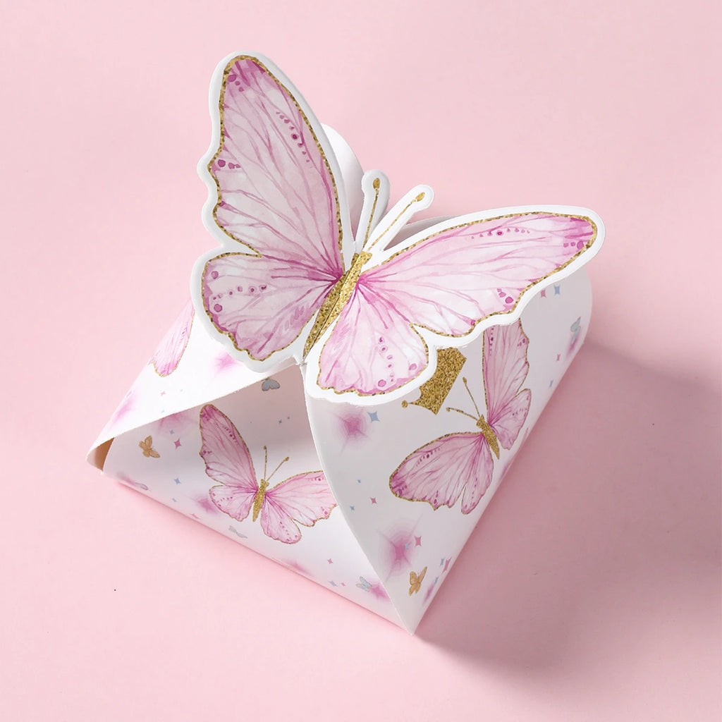 Caja de regalos de dulces de mariposa rosa, decoración de fiesta de cumpleaños feliz para niñas, suministros de fiesta de cumpleaños de mariposa para bodas, decoración de baby shower