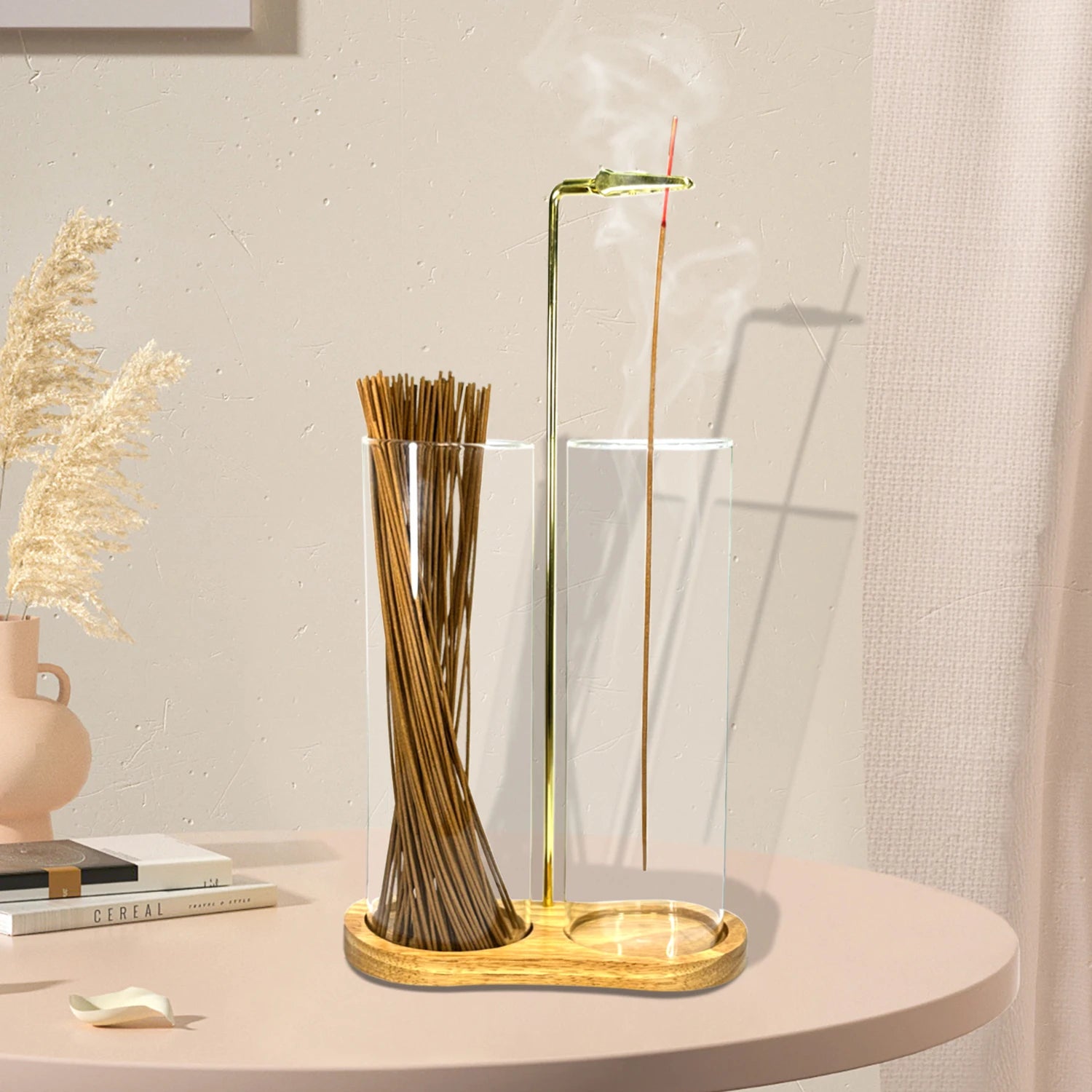 Porte-encens en verre 2 en 1 anti-cendres volantes avec récupérateur de cendres amovible et organisateur de bâtonnets d'encens Décoration d'intérieur