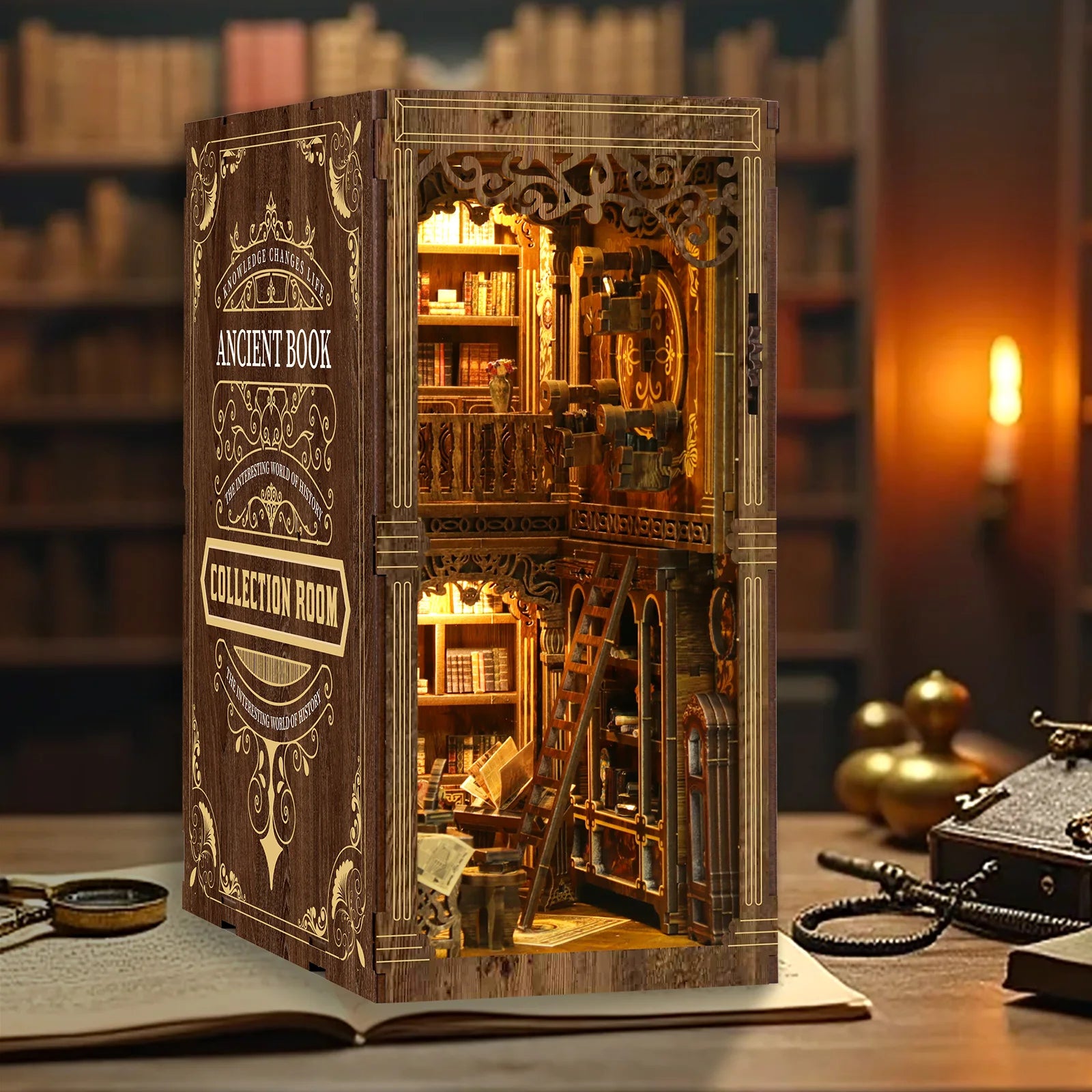 Kit de Bricolage pour Coin Lecture en Bois, Collection de Livres Vintage - Maquette de Maison Puzzle 3D, Cadeau de Noël et Black Friday