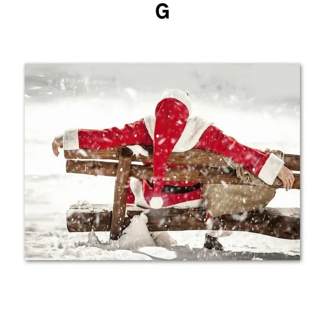 Pintura en lienzo de arte de pared con diseño de paisaje nevado de invierno, póster de Papá Noel de pino y alce e impresión para la decoración navideña del hogar y diseño de sala de estar