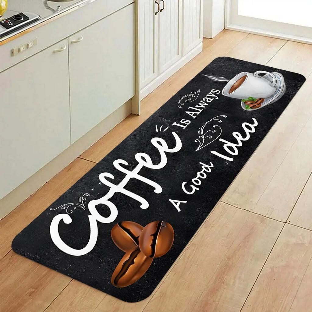 Tapis de cuisine « Coffee Time » avec citation, tapis de sol, tapis de couloir, décoration d'intérieur pour salon, salle à manger, entrée, antidérapant