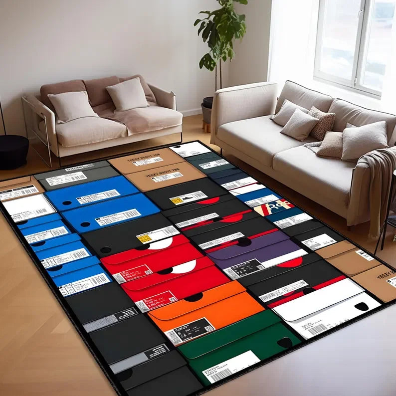 Alfombra con estampado de zapatillas, alfombra de decoración urbana con tipografía streetwear en tonos rojo y negro para sala de estar, alfombras para dormitorio.