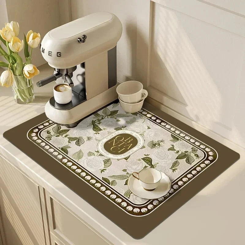 VIKAMA Mantel Individual Súper Absorbente de Mármol Negro para Secar Platos, Alfombrilla Antideslizante para Botellas de Cocina, Vajilla de Lujo para Tetera, Bar, Mostrador