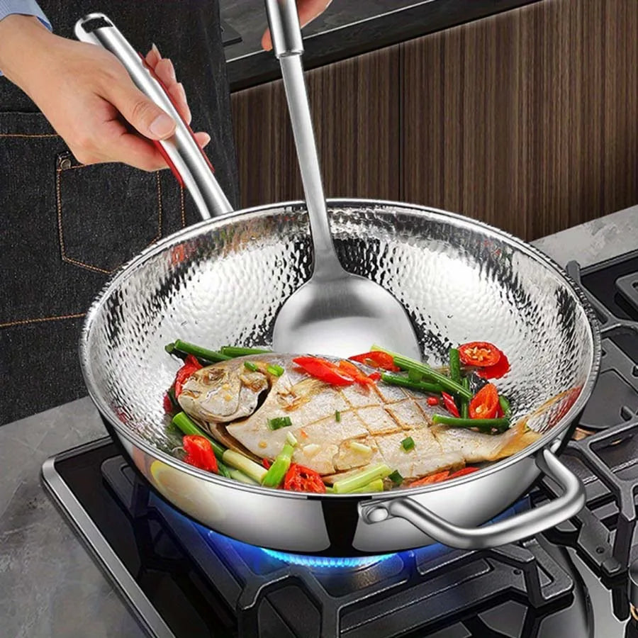 Wok de acero inoxidable de fondo redondo, sartén sin recubrimiento antiadherente, se puede usar en cocinas de inducción cóncavas, para saltear en el hogar