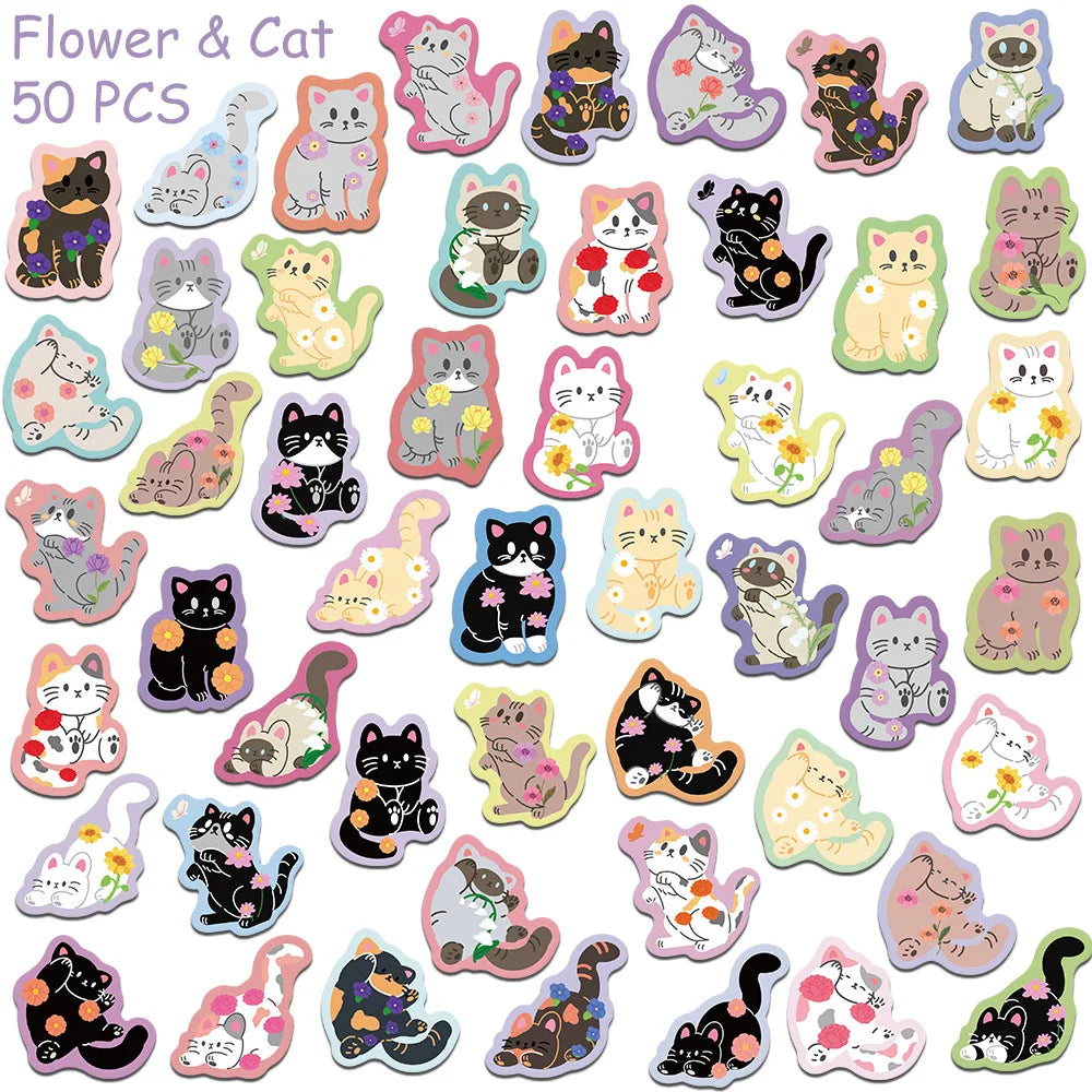 50 autocollants de dessin animé mignon chat pour ordinateur portable, scrapbooking, bagages, guitare, casque, autocollants esthétiques graffiti DIY, cadeaux créatifs