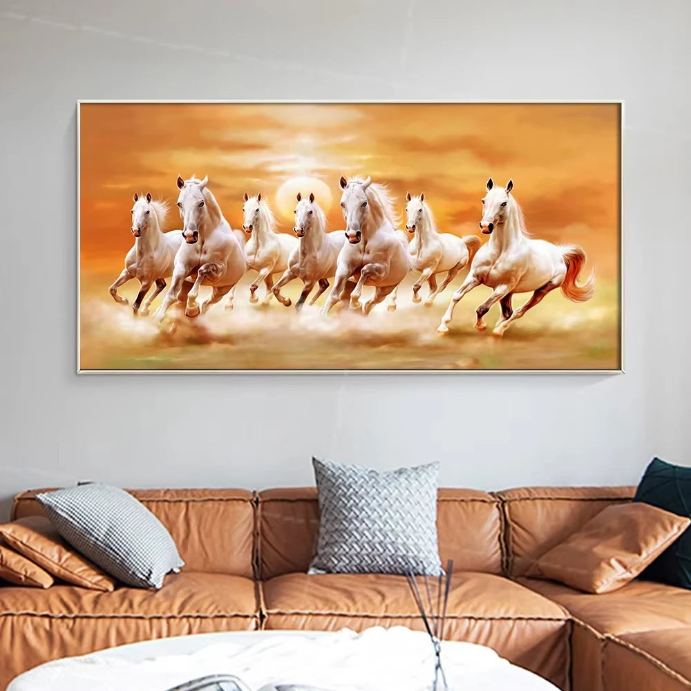Tableau mural moderne et simple 7 chevaux blancs au galop Paysage coucher de soleil Impression sur toile HD Affiche Décoration maison salon chambre