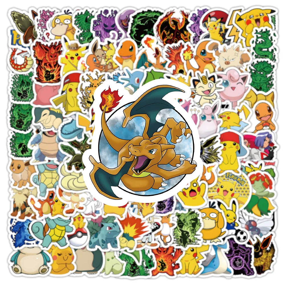 100PCS Kawaii Pikachu Anime Pokemon Pegatinas para Laptop Maleta Monopatín Guitarra Teléfono Pegatina de Dibujos Animados Juguetes de Regalo para Niños